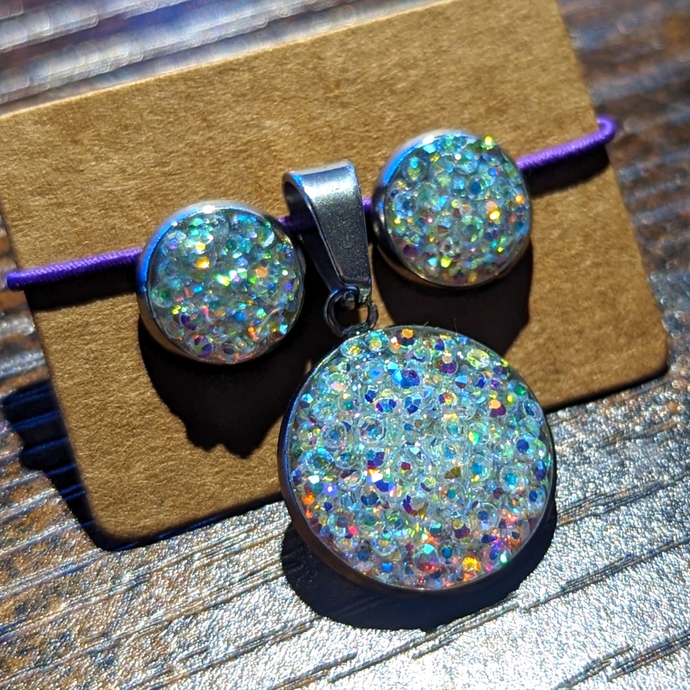 Homemade Stainless Steel Crystal Resin Earrings & Matching Necklace Pendant.